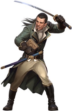 Illustration of Varian Jeggare, a half-elf with long hair pulled back and wearing a fine long coat, holds a book in one hand while swinging a sword high overhead for Pathfinder.