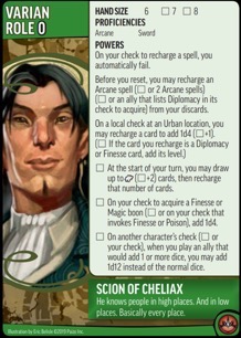 Role card of Varian, Scion of Cheliax, showing Powers for the Pathfinder Adventure Card Game.