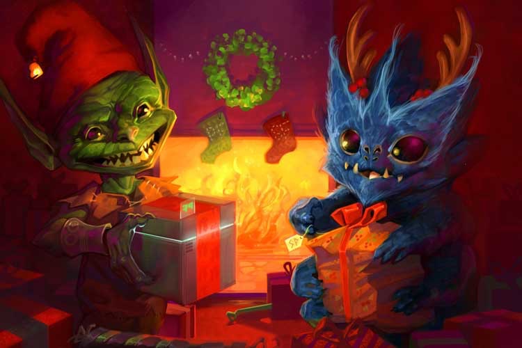A Goblin and a Skittermander exchanging holiday presents in front of a roaring fire.