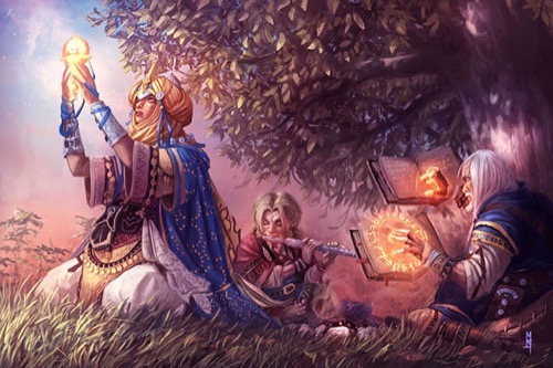 Three characters sitting on the grass in the shade under an old, very leafy tree. The weather is partially cloudy. Kneeling on the left is Kyra, a cleric, is holding up a glowing idol in both hands and looking at it intently. She is wearing long flowing blue and white garments with gold dotted circular designs.  She is facing away from the group, to the left of the picture. In the center and further back, Lem, a halfling bard, is sitting barefoot, wrapped in a short-sleeved cloak or jacket. He is playing the flute with his eyes closed. On the far right, Ezren the wizard, a human male with long white hair, is studying from two open books floating in front of him. He has one hand on the pages of each book, and his hands are glowing. The book on the left has a glowing circle of glyphs surrounding his hands