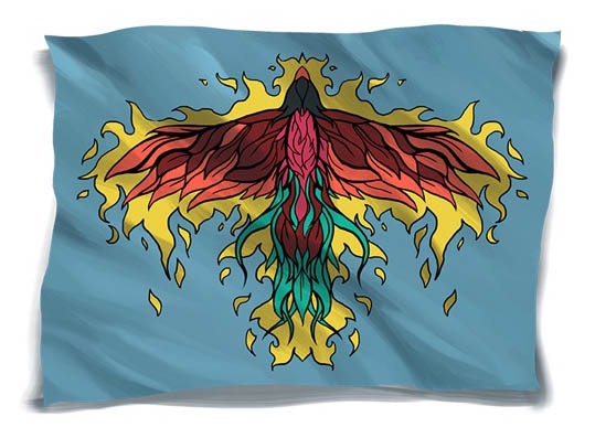 Flag with a light blue background. A bird with red wings, an orange beak, and teal tail feathers is shown from the top down, its wings outspread. It is outlined in a firey yellow.