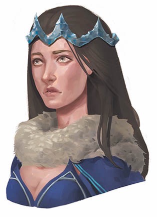 Queen Anastasia. Headshot of a woman with long, dark brown hair and grey eyes. She looks off to the left. She wears a fur stole wrapped around her neck and a pointed silver crown on her head. 