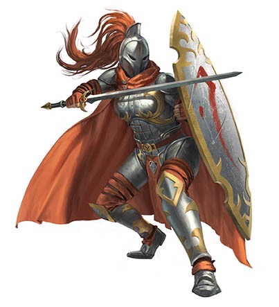 The Gray Maiden. A fully armoured warrior with a matching shield almost as tall as they are. The shield is pointed at each end, edged in gold, and has a rune in red across the front. The Gray Maiden also wears an armoured face mask, a plume of red hair flowing from the back. Her cape is almost the same color as her hair. She wields a long sword in her right hand.