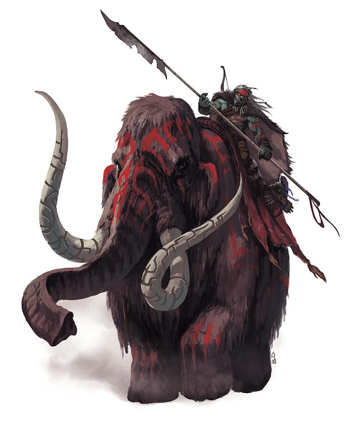 You can barely see the rider atop this huge wooly mammoth. Its shaggy fur is dark brown and has been covered in red war paint across the face, legs, and front. The long, curving tusks have runes carved upon them. The rider atop wields a very long, thin pole arm.