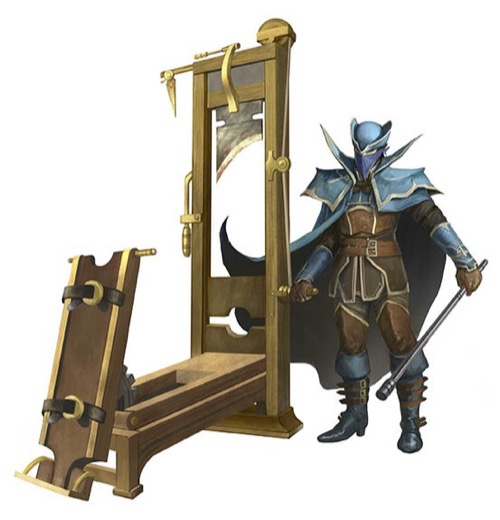 Final blade, which looks similar to a fancy guillotine. A fully armored person stands next it, holding a long metal rod.