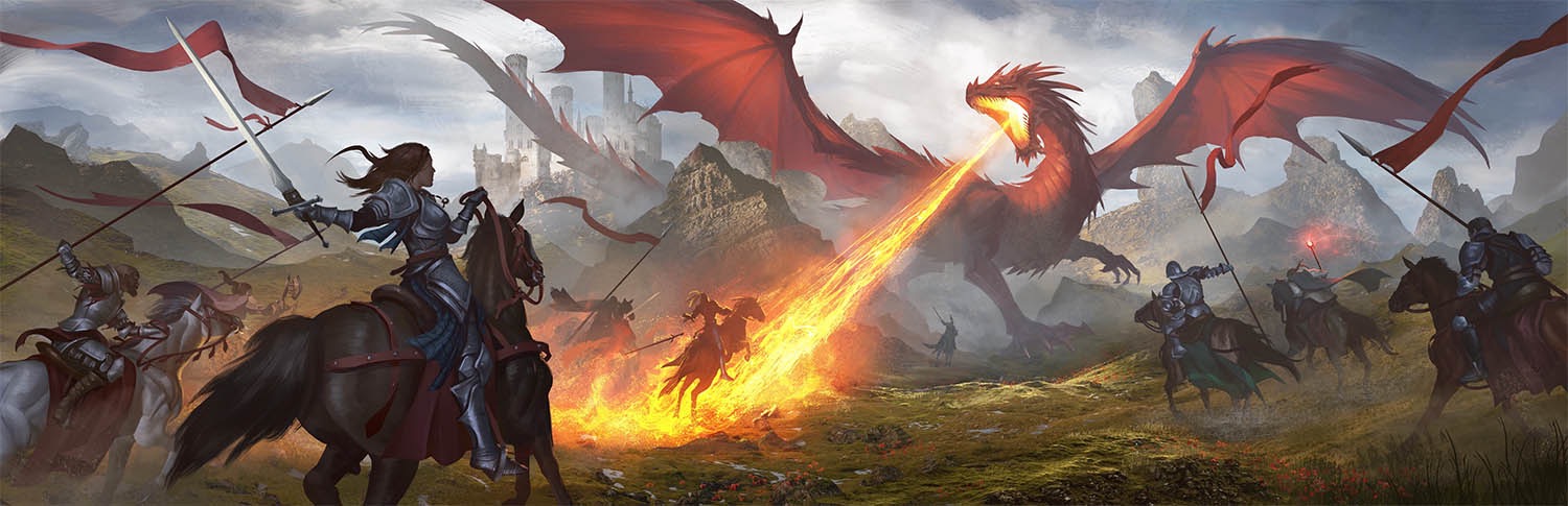 A massive red dragon spreads its wings as it unleashes fiery breath on a battlefield of mounted knights.