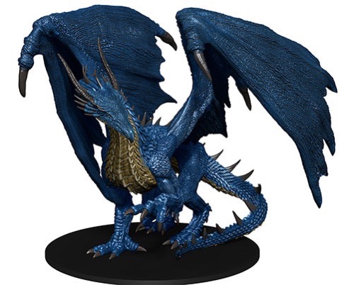 Blue-scale dragon miniature, large wings unfurled.