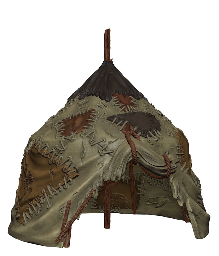 A single tentpole goblin tent with frayed edges.