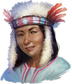 Portrait picture of a woman with angled markings on her forehead and chin, shoulder length dark hair and dark eyes. She wears a bandana across her forehead and red feathers are placed on each side of her head, tucked in.