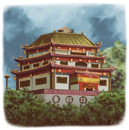 A three-tiered pagoda-like building with golden roofs and red trim sits surrounded by lush forest.