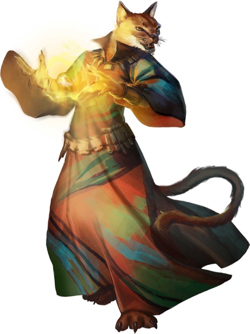 A catfolk spellcaster in brightly-colored robes weaves together hands glowing with magical yellow energy.
