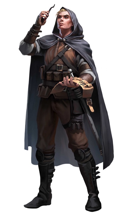 A male human in a hooded black cloak studies a lockpick drawn from the toolkit in his other hand.