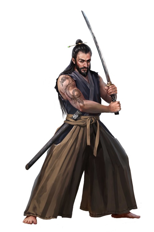 A robed swordsman with an intricate dragon tattoo on his right bicep wields a katana in both hands.