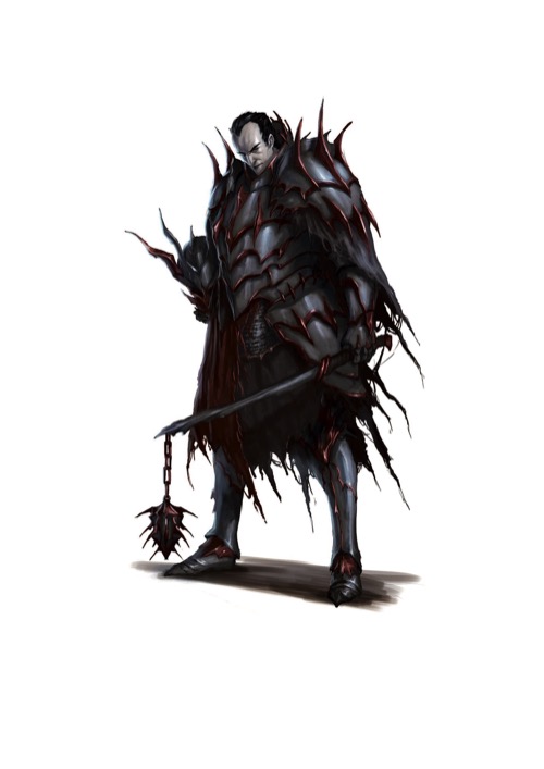 A Godclaw Hellknight in gray plate armor covered in reddish blades holds a spiked flail in one hand and his helmet in the other.