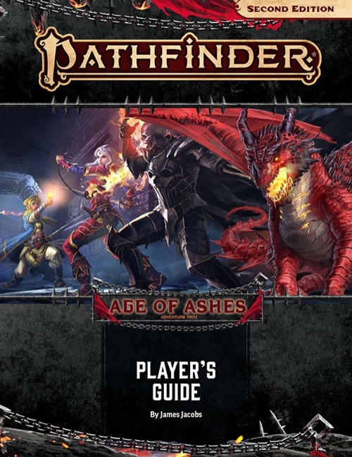 Ages of Ashes Player's Guide cover image: Merisiel faces off against a skull-headed opponent in imposing black plate armor, while Kyra raises a holy symbol defiantly in the background and a fearsome red dragon looms over the right side of the image.