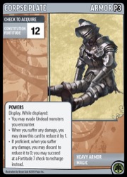 The Corpse Plate promo card, featuring a beaten set of heavy armor.