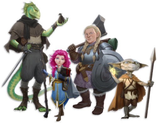 4 Pathfinder Oblivion Oath player character illustrations, from left to right: Zel, a green lizardfolk rogue with one hand resting his sword and balancing a bag of coins in the other, Mykah, a pink-haired gnome wizard carries a staff and spellbook in her hands, Carina, a blonde dwarf champion wields an axe and shield, and Qundle, a grey silver-eyed goblin sorcerer clutches a golden light and spear.