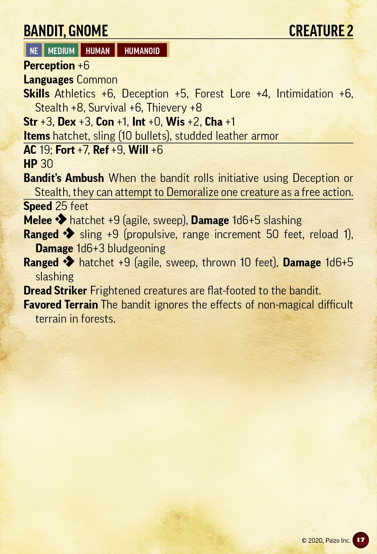 Pathfinder NPC Battle Card Bandit Gnome creature stats card