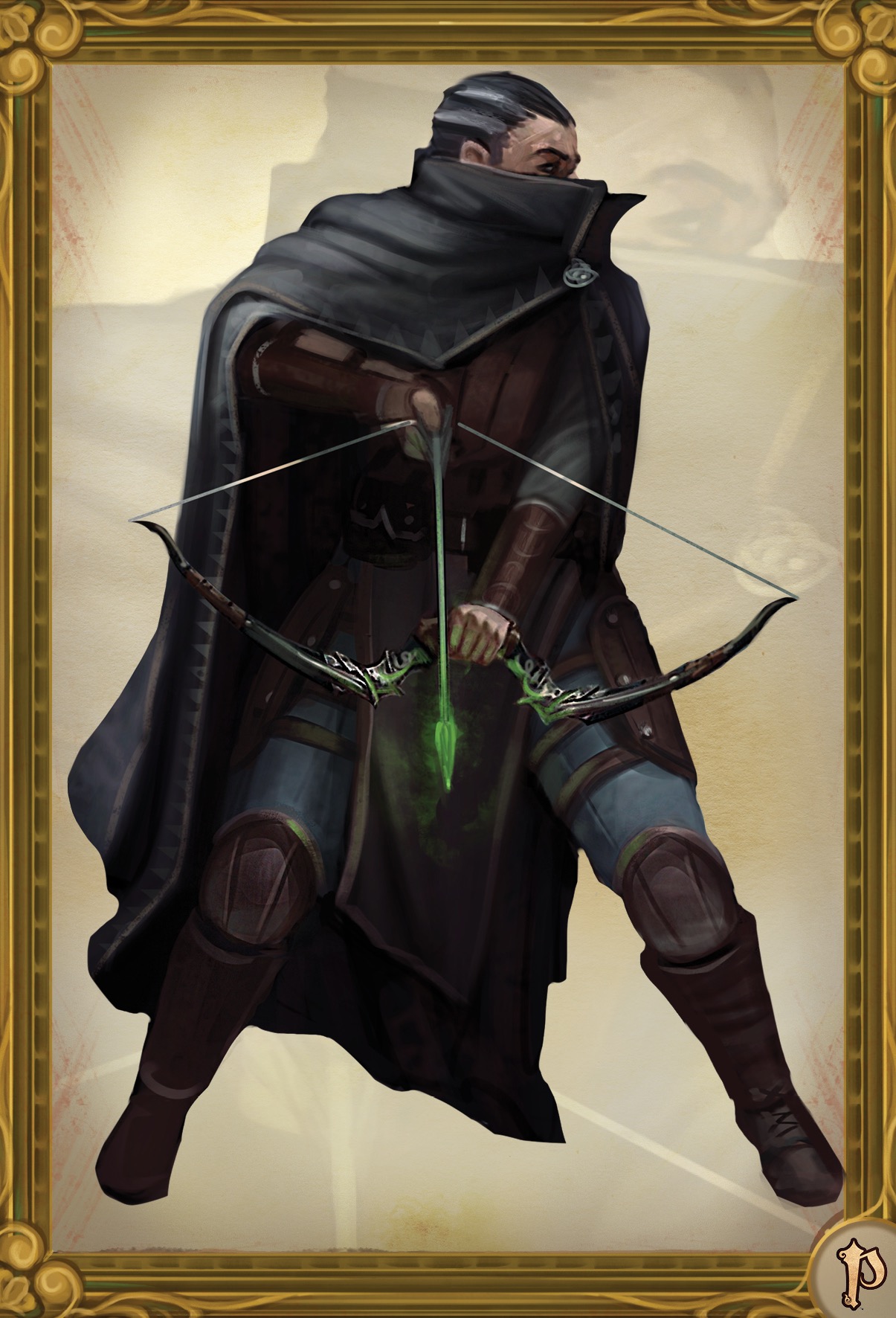 Pathfinder NPC Battle Card rogue in dark clothes with a glowing green arrow