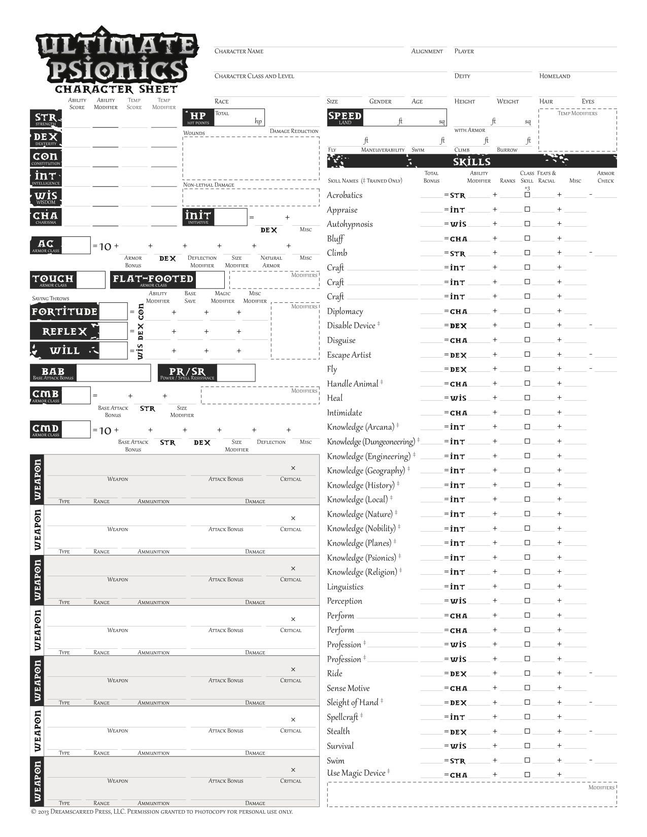 Paizo Com Psionic Character Sheets Pfrpg Pdf