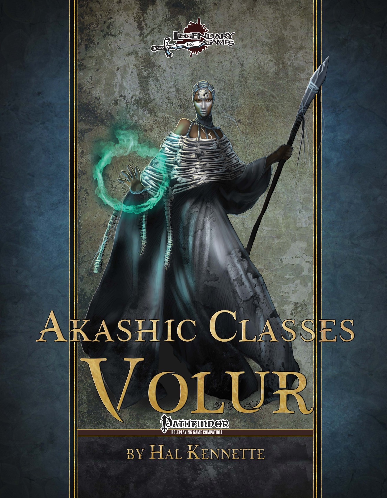 Akashic Classes: Volur (PFRPG) PDF, a woman dressed in a long black dress and a bone shall. She has a spear in one hand and is summoning magic with the other