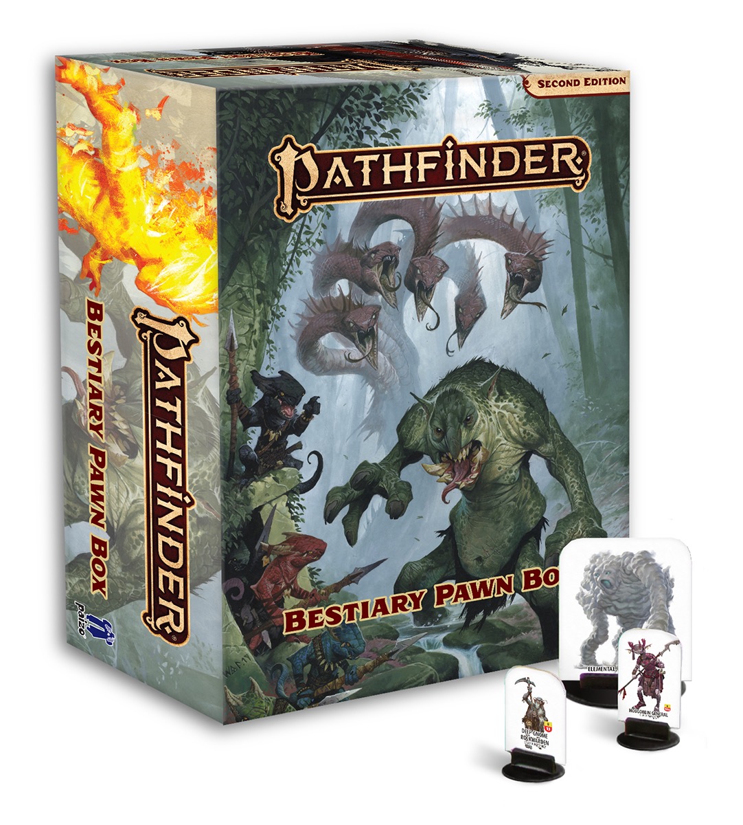 Mockup of the Pathfinder Bestiary Pawn Box with some small example creature pawns sitting in front