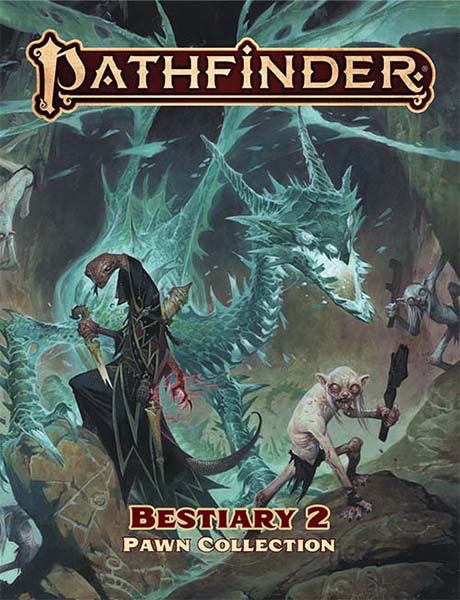 Pathfinder Bestiary 2 cover art. A snakelike Serpentfolk, and pale Morlock standing in a cavern in front of a blue Ravener dragon.