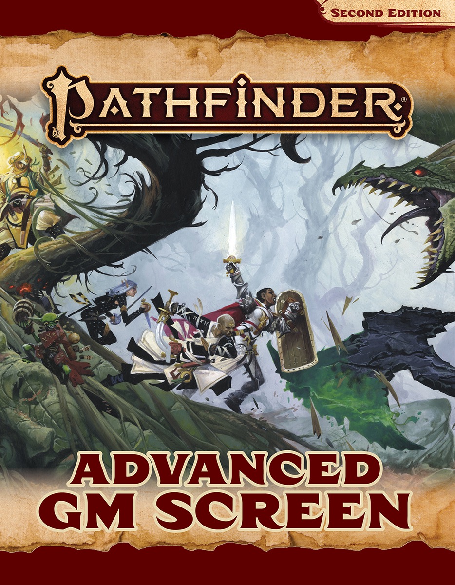 Pathfinder Advanced GM screen cover of Pathfinder iconics battling a green dragon