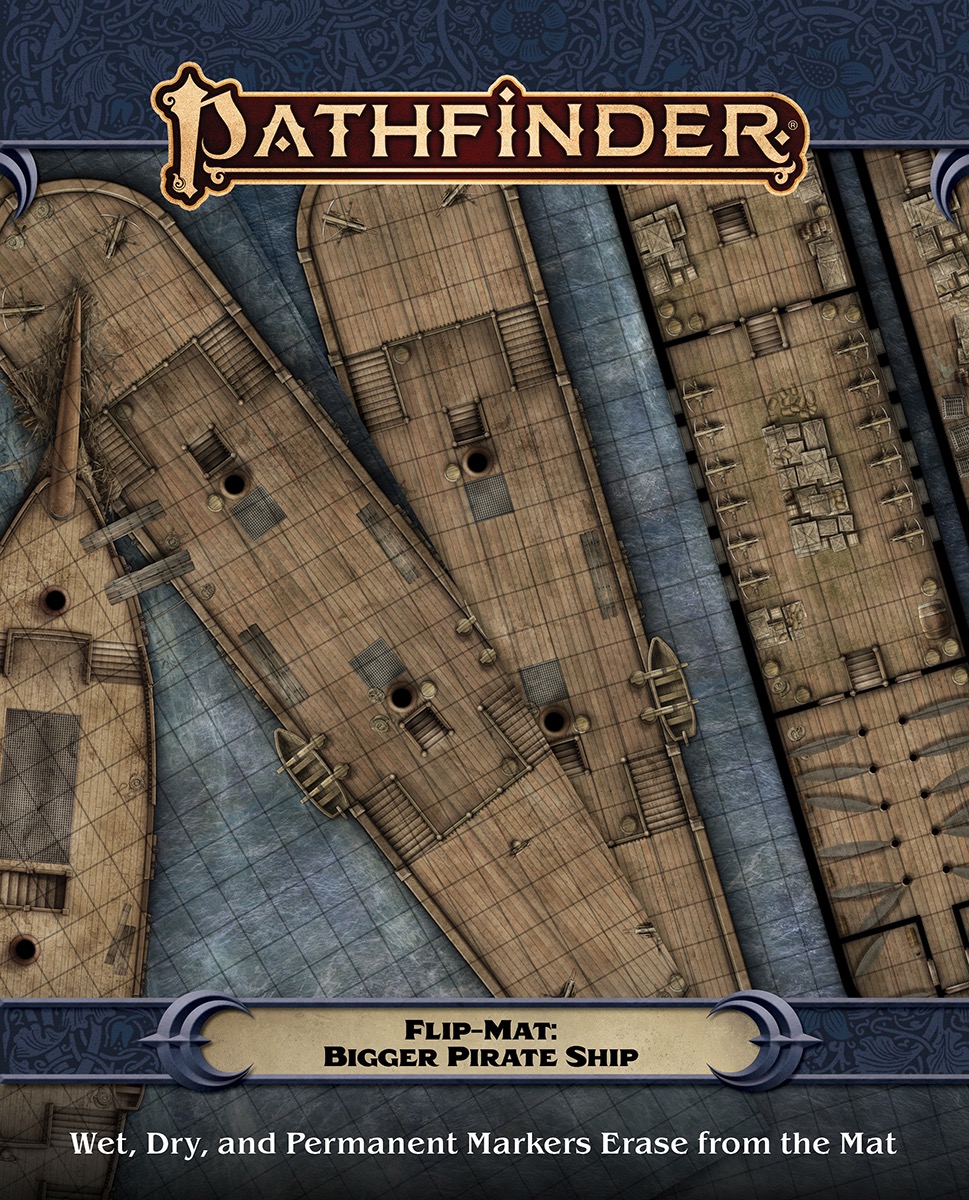 Pathfinder Flip-Mat: Bigger Pirate Ship cover. Stacked square tiled mats of multiple ship floors