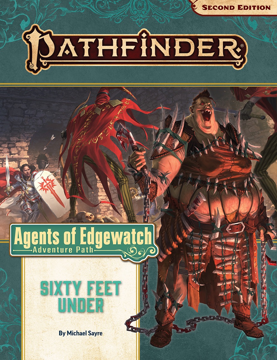 Pathfinder Adventure Path Agents of Edgewatch: Sixty Feet Under. Illustration of a woman wearing leather armor and weilding a bloody Kusarigama, a hook on a chain