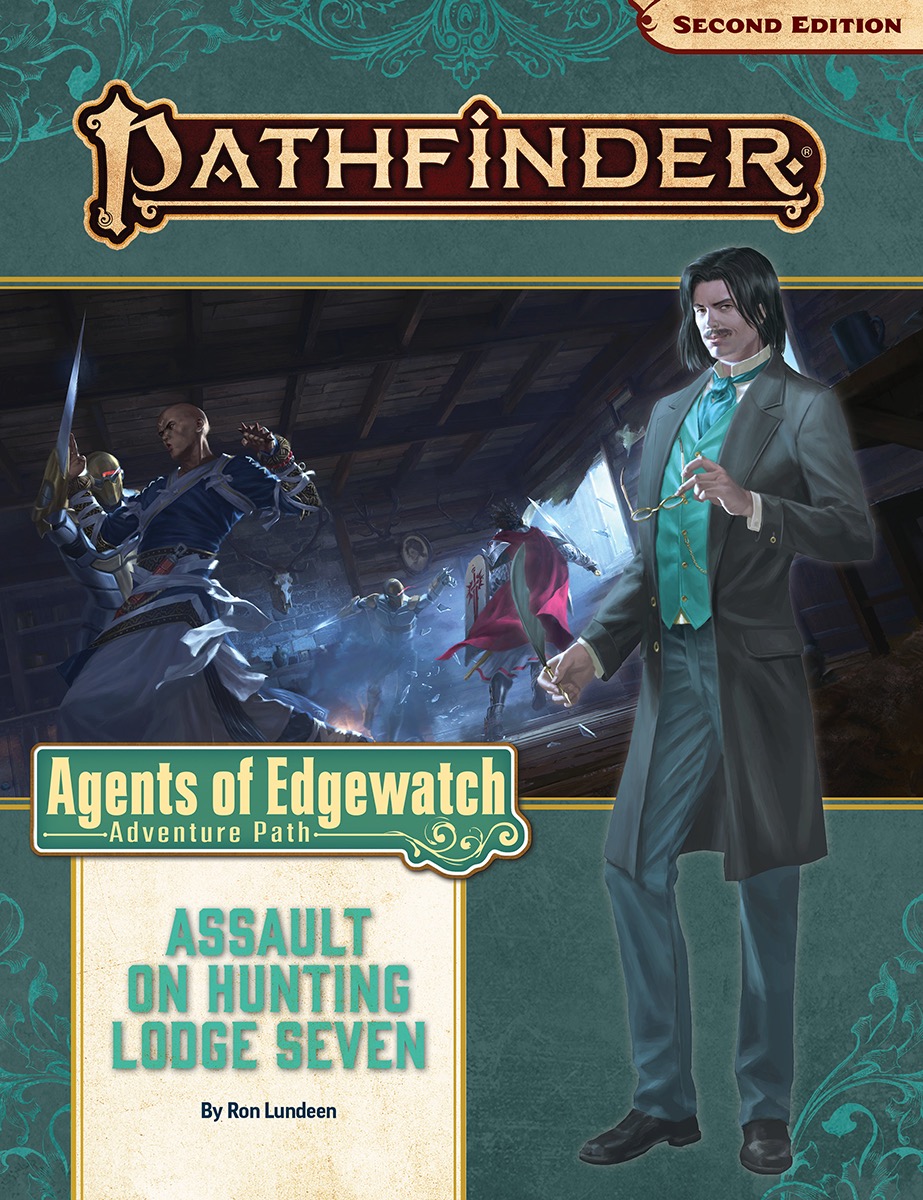Agents of Edgewatch Assault on Hunting Lodge Seven. Pathfinder Iconics, monk and fighter, fight off two fully armored assailants in a wooded lodge