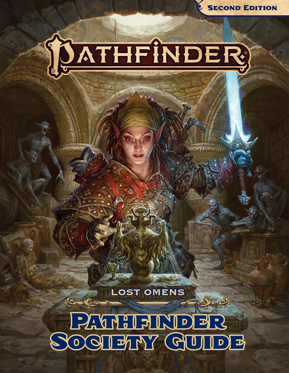 Lost Omens: Pathfinder Society Guide. An elf in studed leather armor holds a glowing sword over a cobweb covered relic