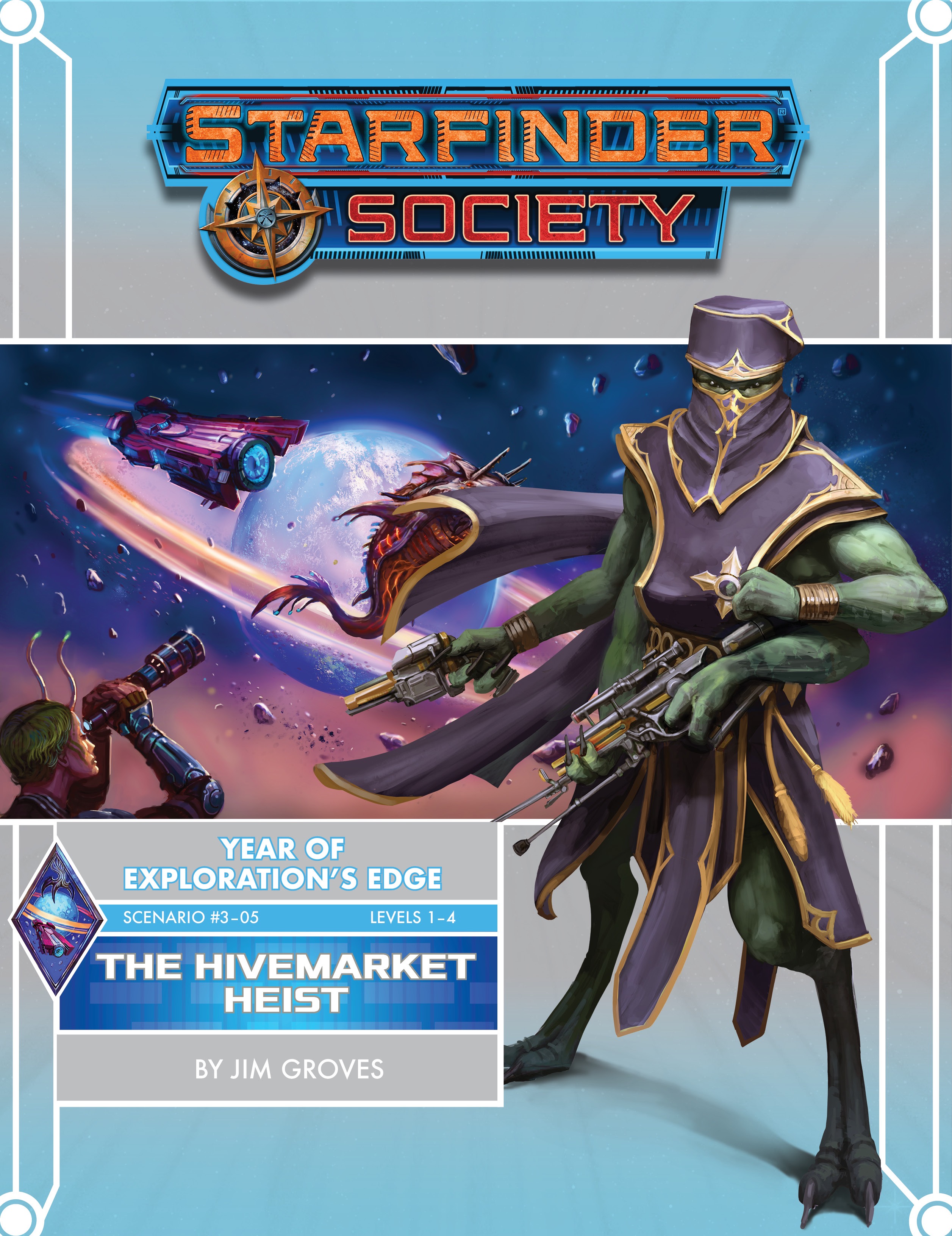 Starfinder Society Year of Exploration's Edge: A 4 armed green alien in purple robes over the image of a ringed planted in space