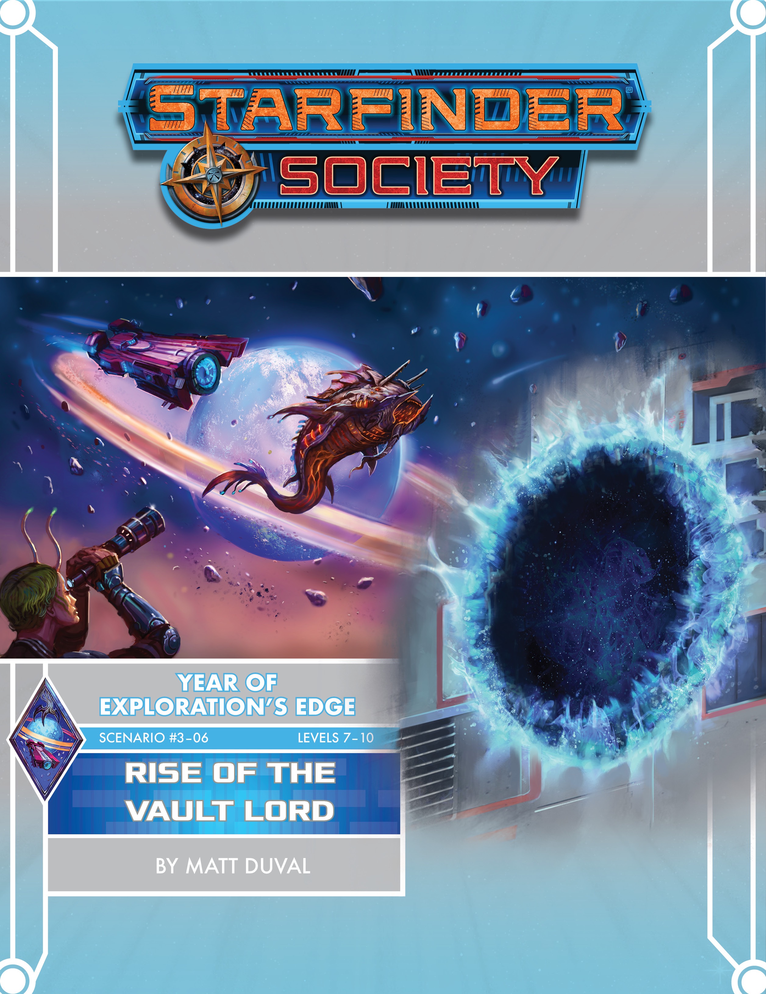 Starfinder Society Year of Exploration's Edge: a dark hole of blue energy over the image of a ringed planted in space