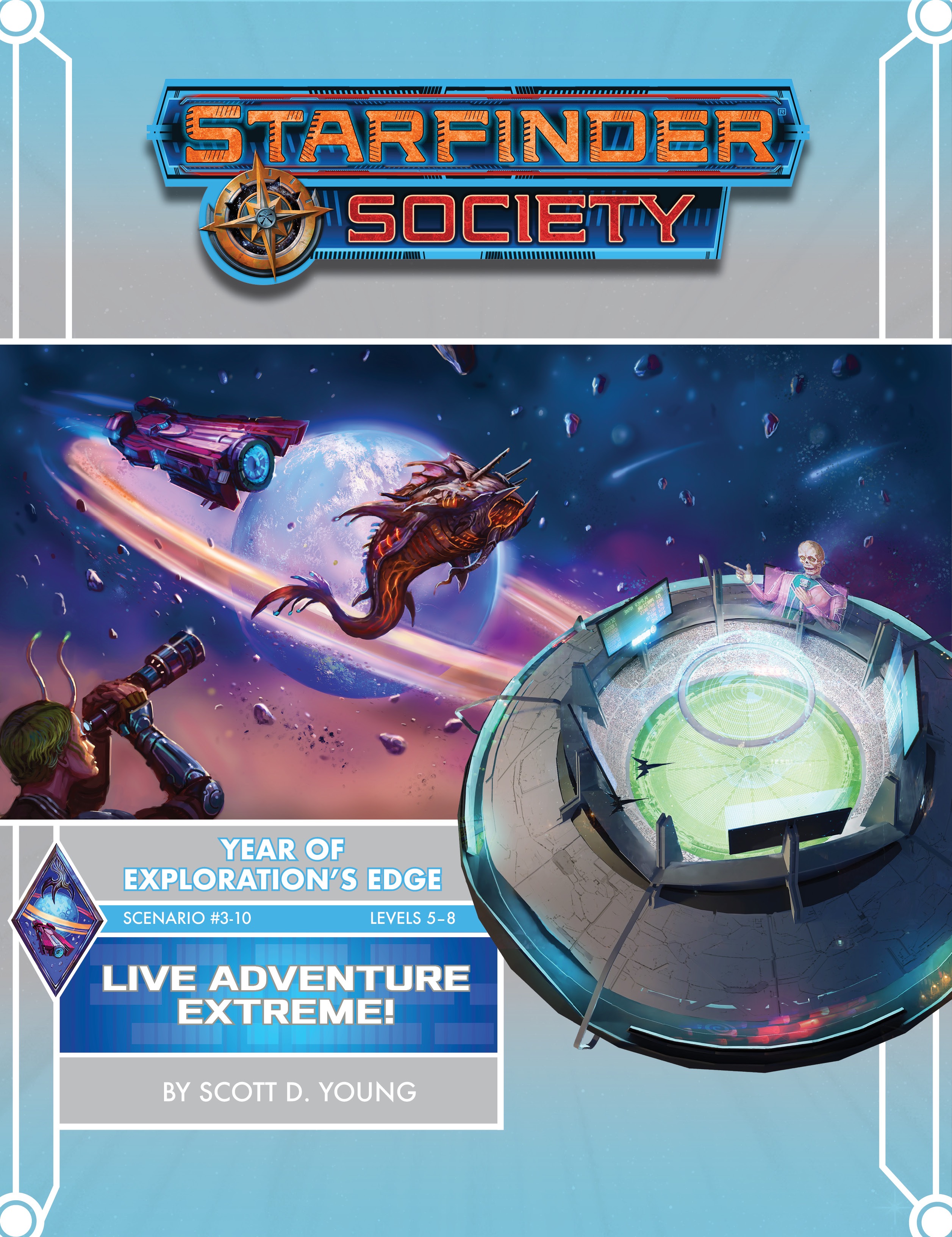 Starfinder Society: Live Adventure Extreme! A alien in a red in green suit with a microphone and a finger gun