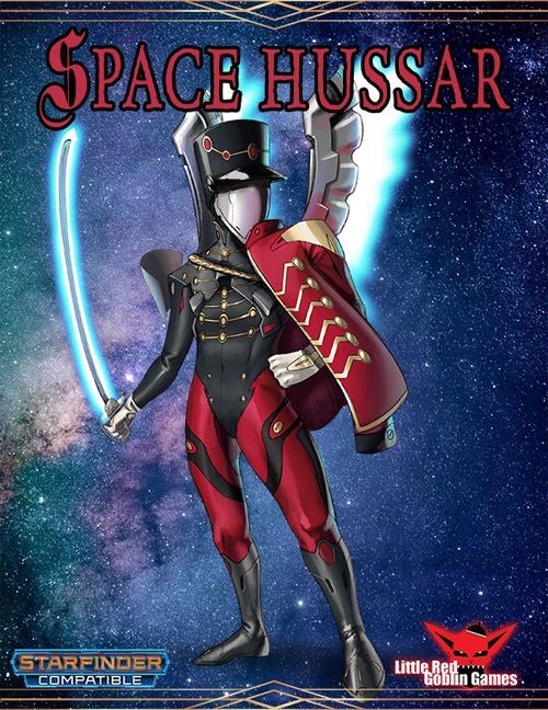 Space Hussar — Base Class PDF: a character with their face covered by a metal shield, wearing a red and black uniform, and a sword in their right hand