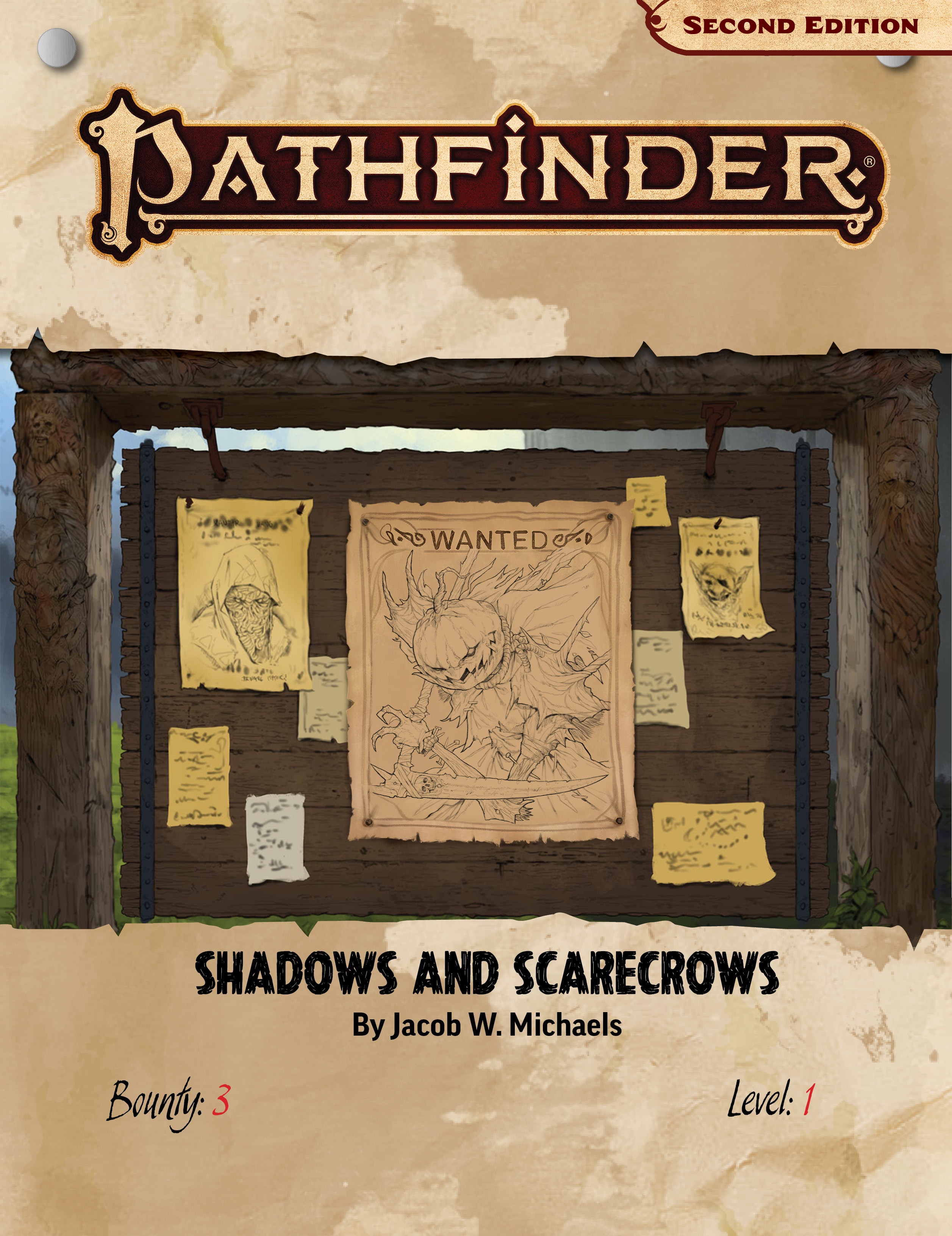 Pathfinder Society Shadows and Scarecrows cover. A town board with a wanted poster for a dark scarecrow