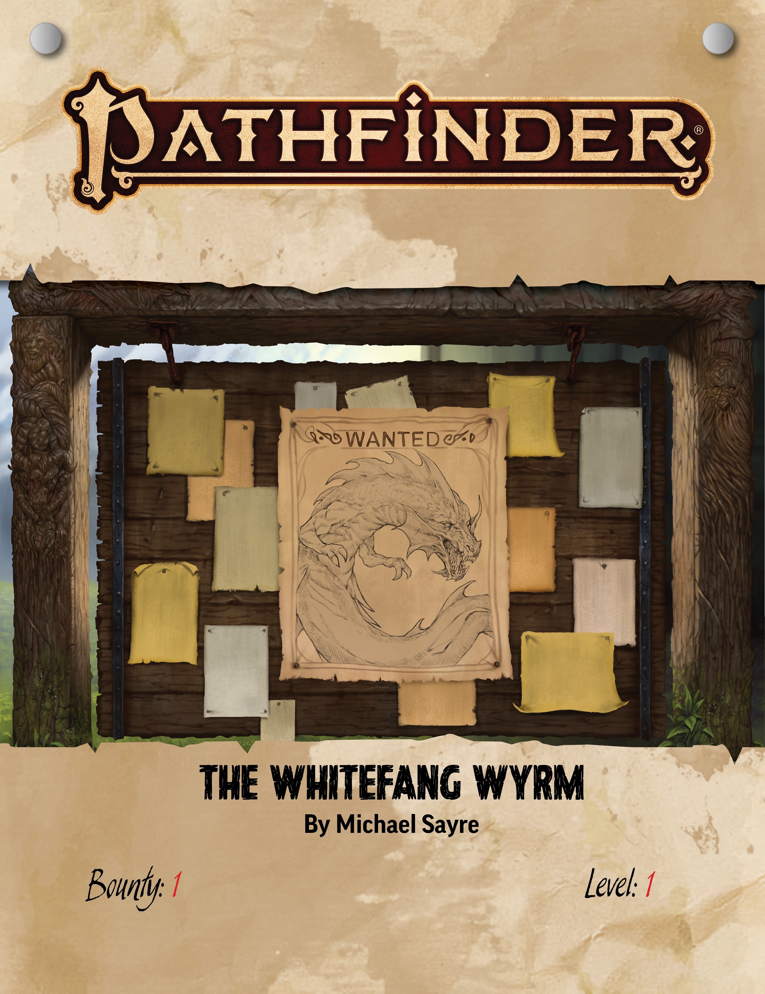 A wooden sign board with a Wanted poster of a whitefang wyrm