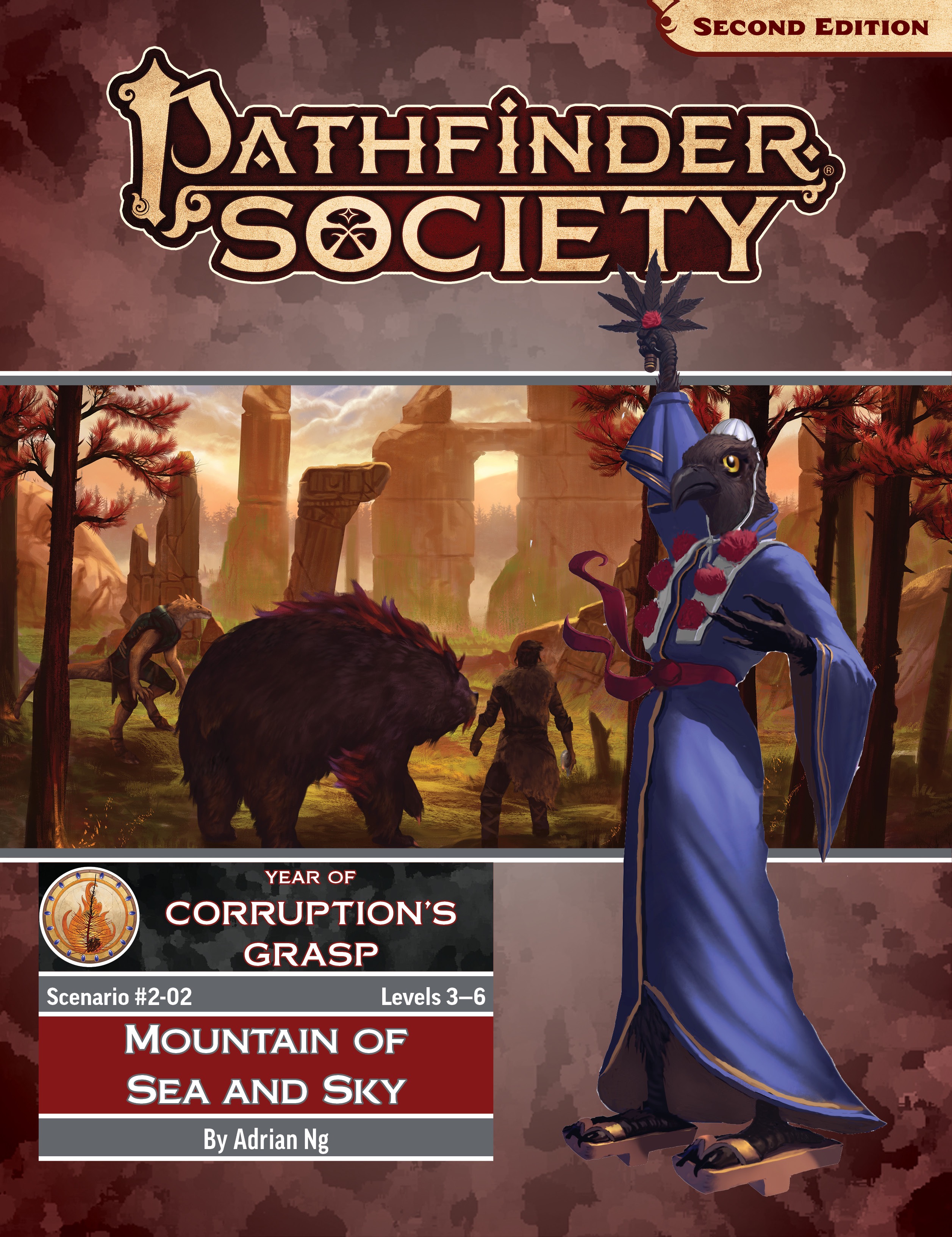 Pathfinder Society: Year of Corruption's Grasp. An image of blue robed tengu over the top of an illustration of ruins in a red forest