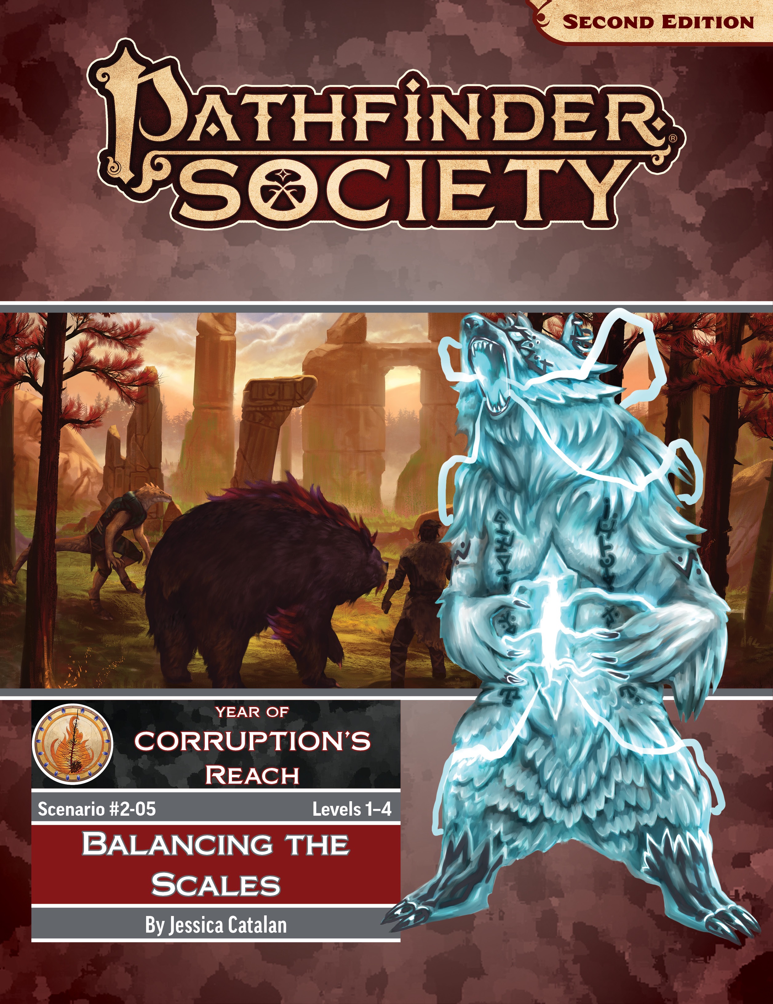 Pathfinder Society: Balancing the Scales. An illustration of a dark blue kobald over the top of an illustration of a bear in a burnt woods