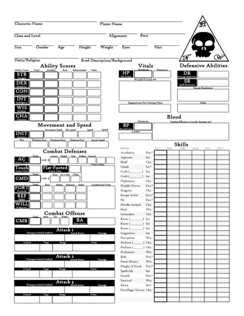 black and white path finder character sheet