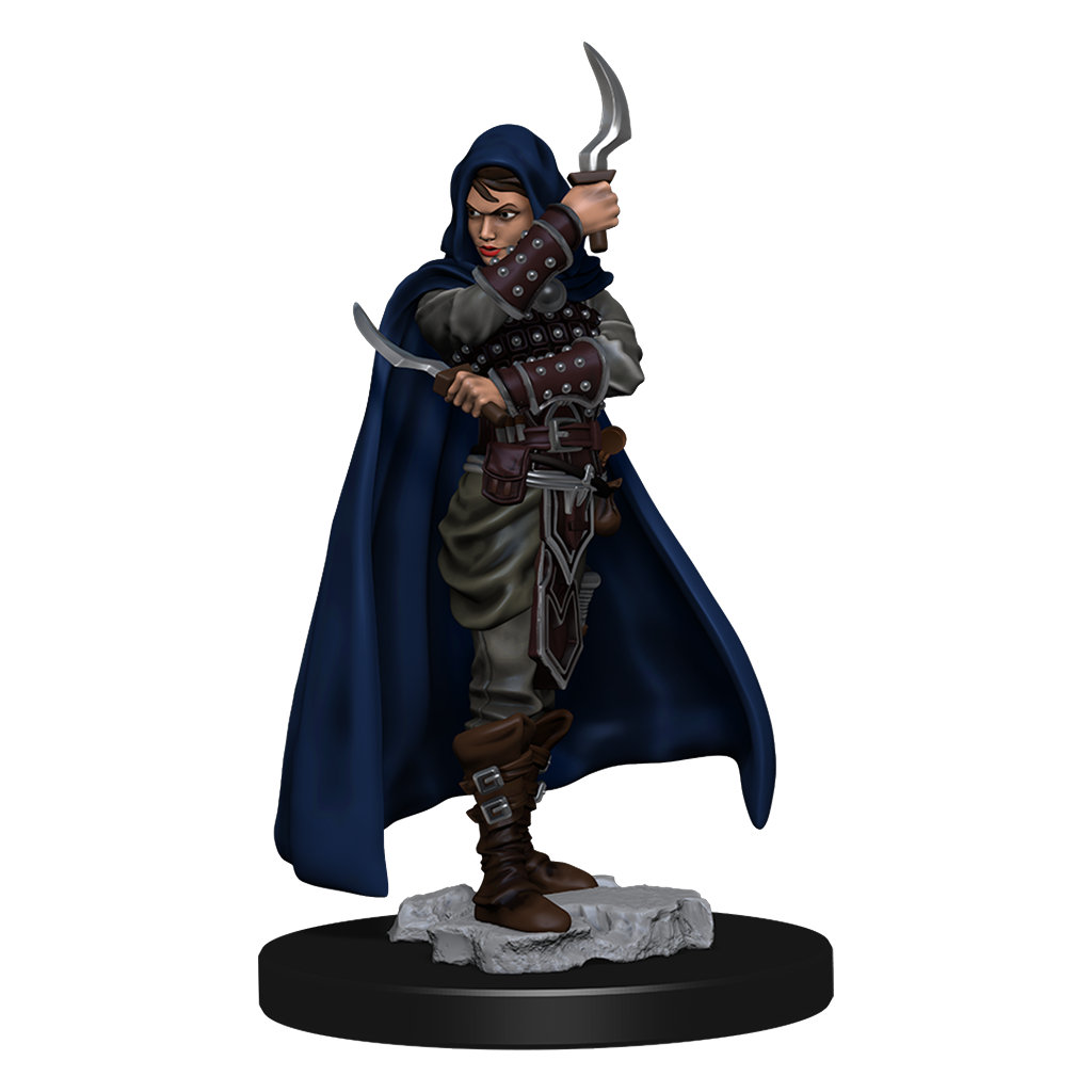 Human Rogue female mini figure in a dark cloak and studded leather armor