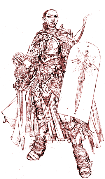 Sketch of Pathfinder Iconic Champion Seelah in full armor with a sword and shield