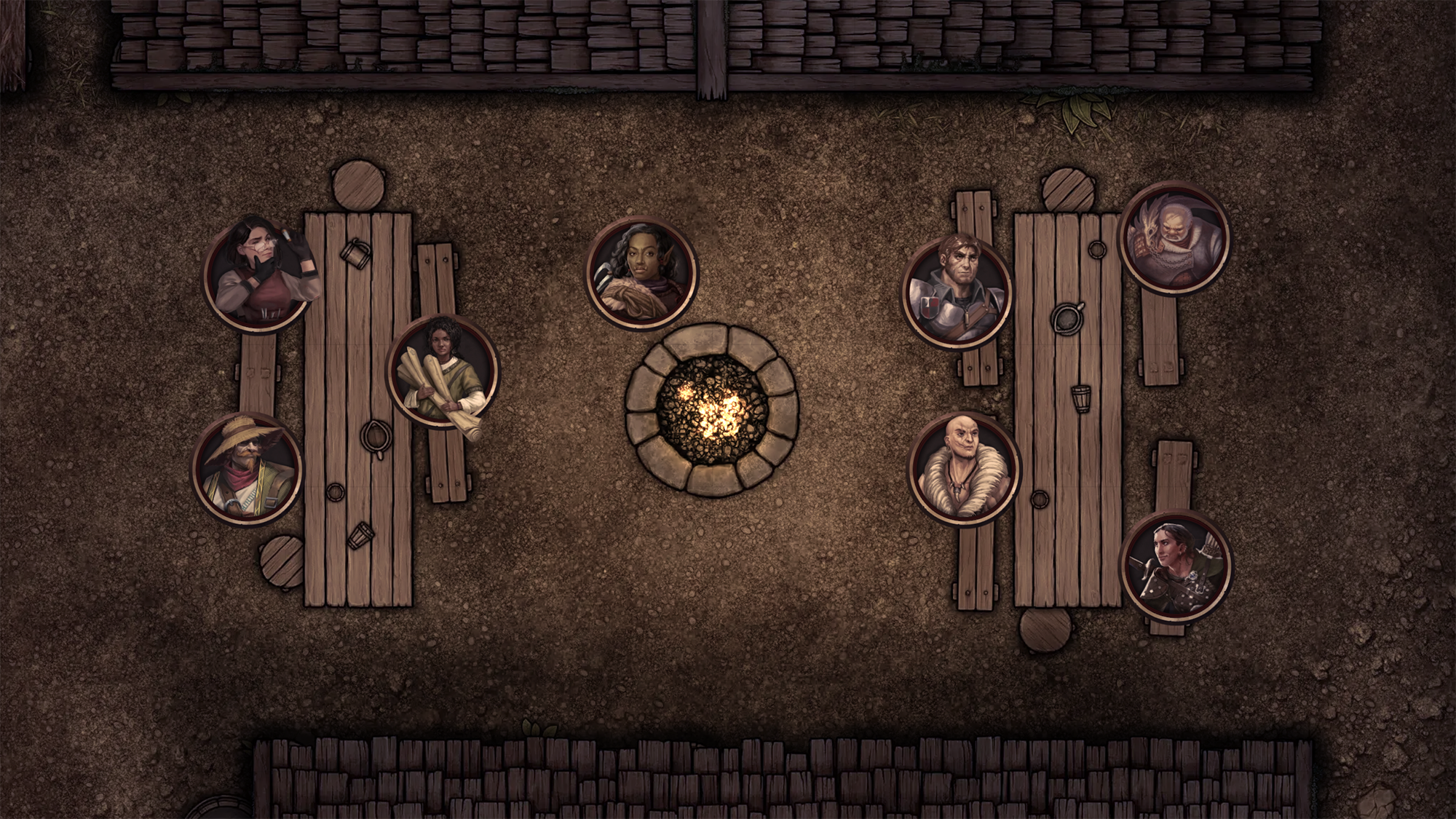 A screenshot of a scene in Foundry VTT, depicting a group of adventurers resting by a campfire on a gloomy night. Each adventurer is represented by a unique character token, using artwork from the Character Gallery module.