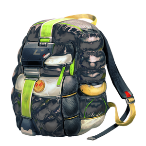 A Buoyant Pack, black, and yellow backpack with green straps holding it shut