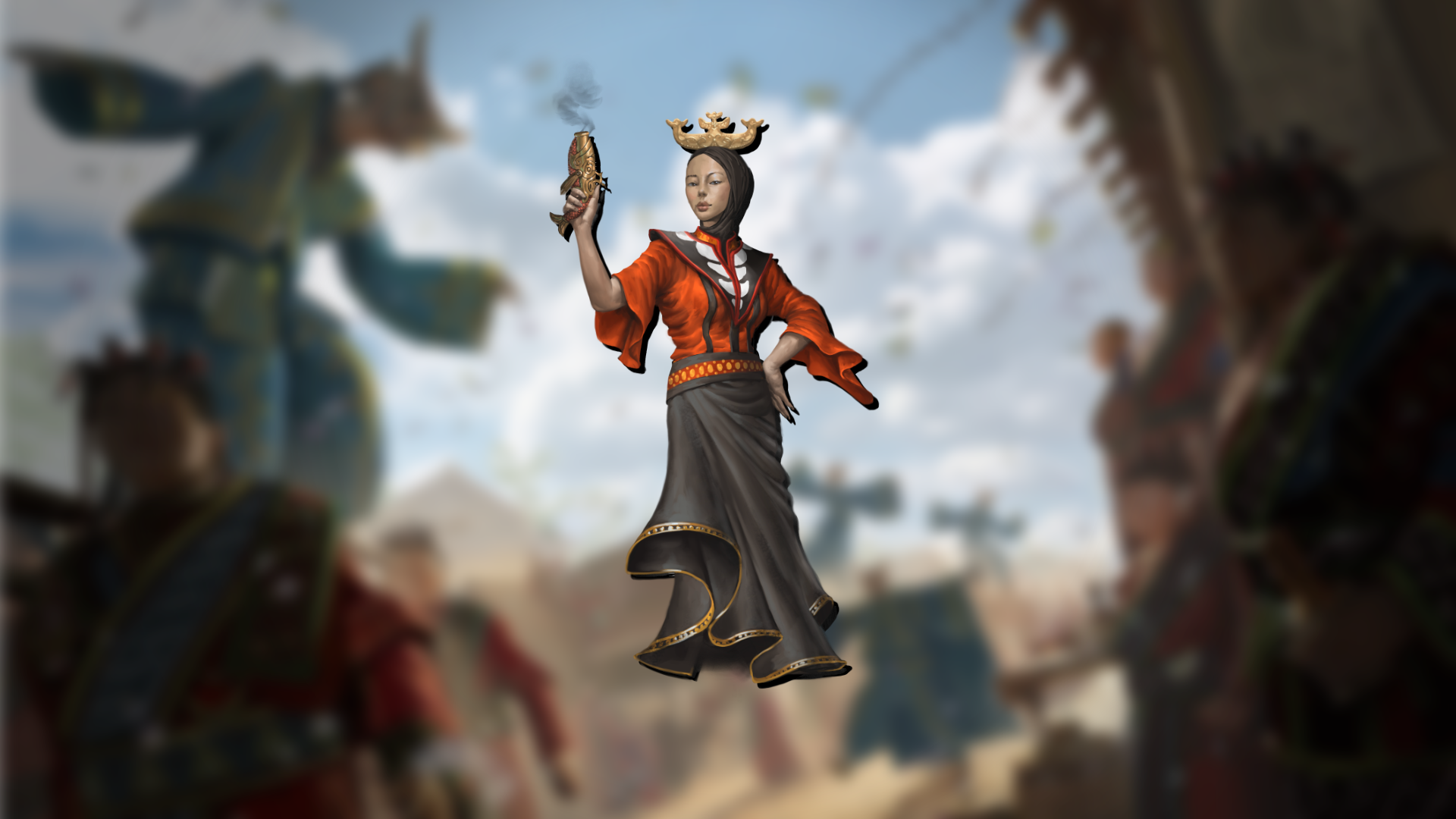 Illustration by  Riley Spalding : A woman in flowing robes and a headscarf, holding a smoking fish gun.