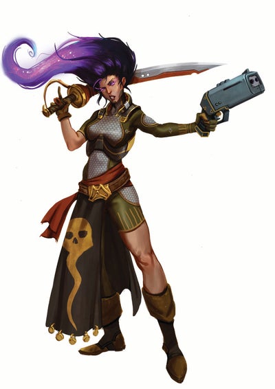 Illustration by Guilherme Olivieri: Besmara the chaotic neutral goddess of piracy, space monsters, and strife. Standing with a gun in one hand and a sword over her shoulder