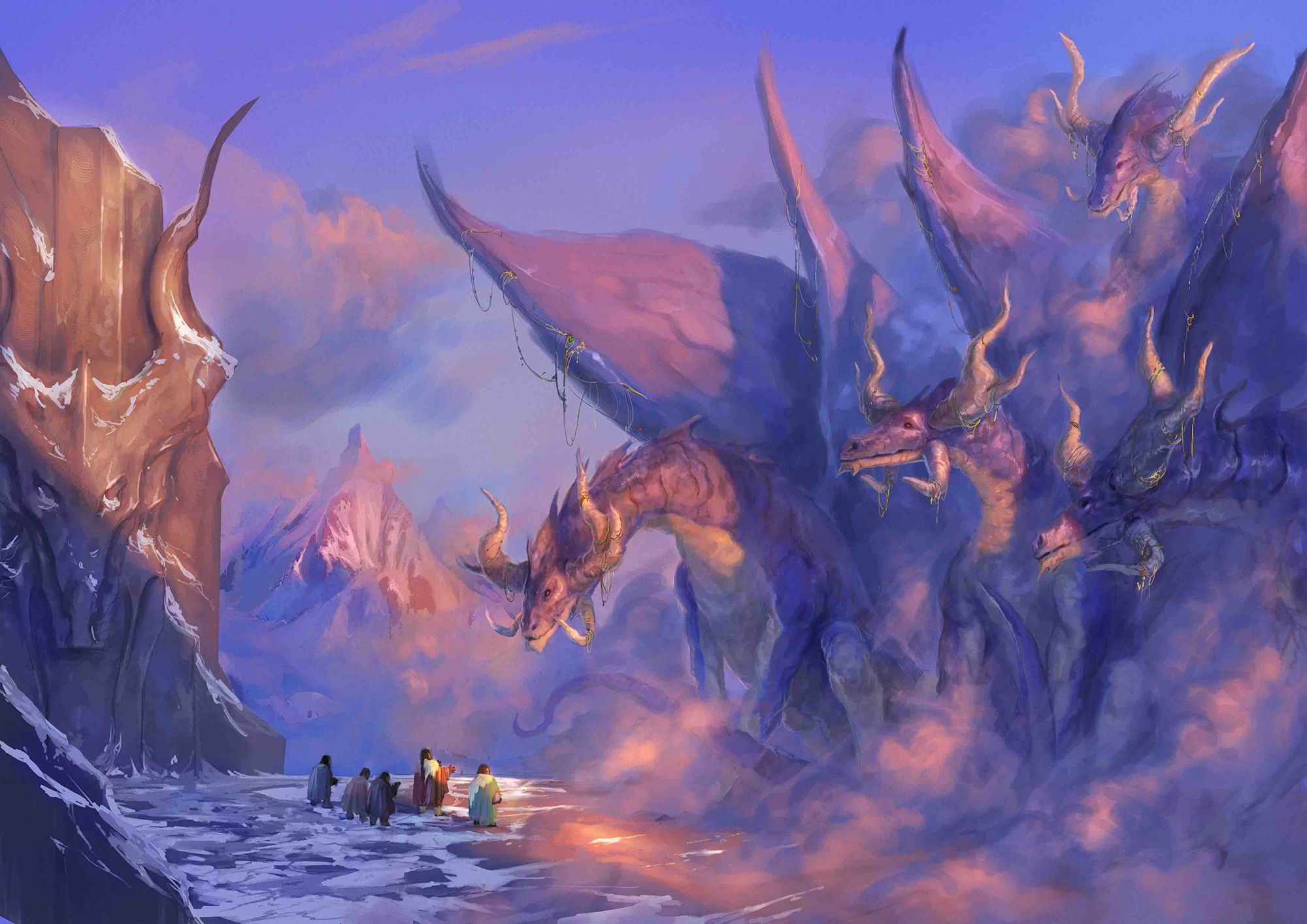 Illustration by Maichol Quinto. Atop a flat mountain peak among the clouds, a small band of dwarves conducts diplomatic relations with an assembly of mighty cloud dragons, each as large as a house.