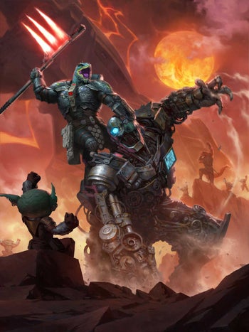 Starfinder Iconic Soldier, Obozaya the vesk, standing on the back of a large robot, being cheered on by other vesk and goblins