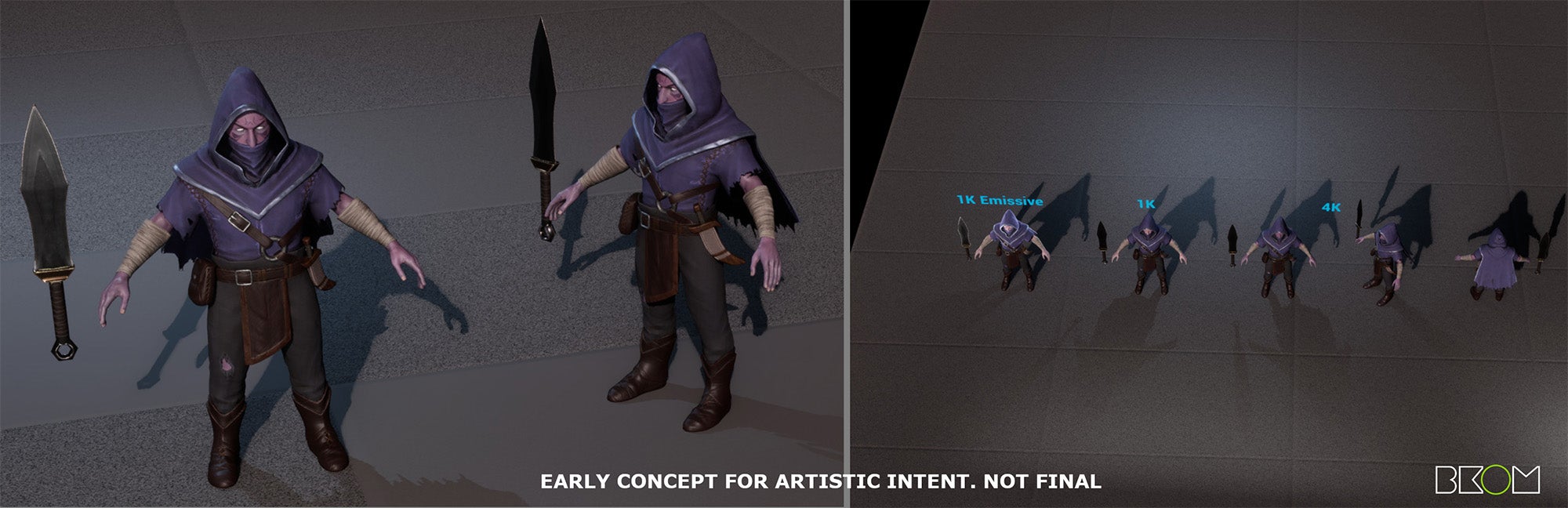 Early concept 3-D models of a humanoid figure dress dressed in tattered dark robes with their hood up. This is an early concept for artistic intent. not final.